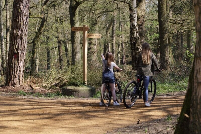 bike riding family break in the woods