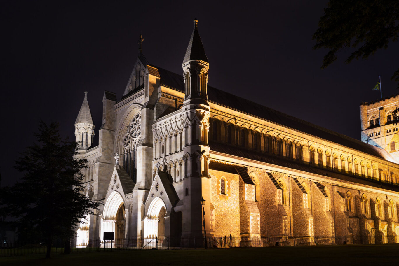 St Albans cathedral at night