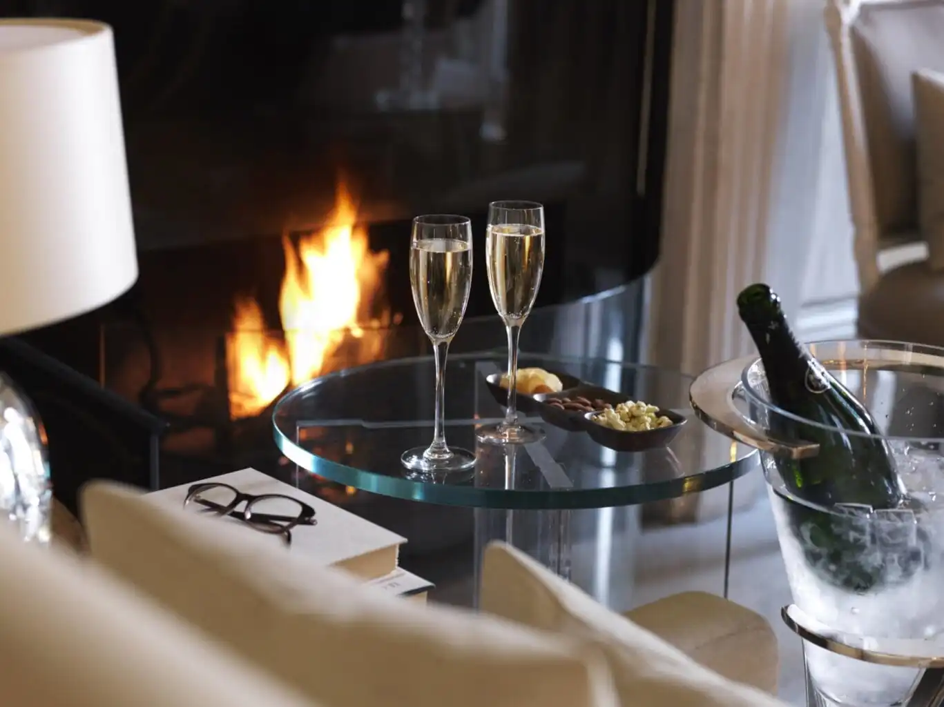Champagne by the fireplace